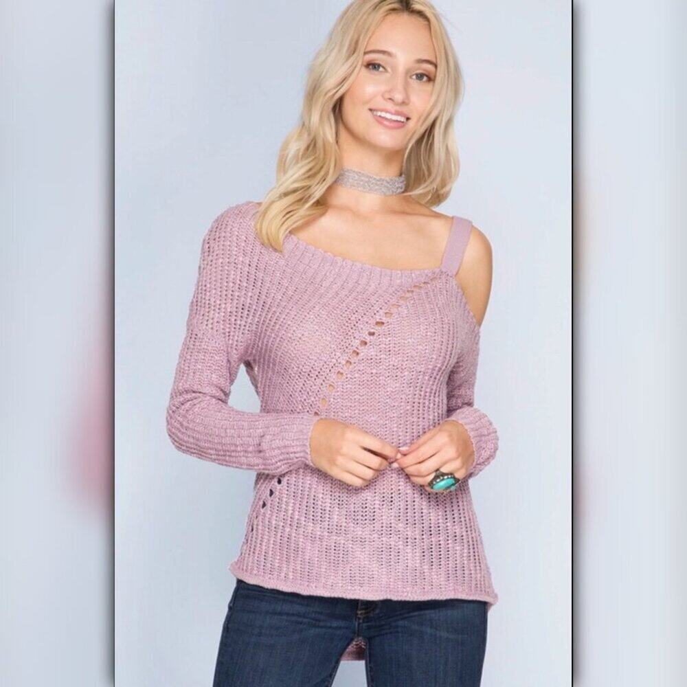 A490-A β’ Lilac Cold Shoulder Slub Knit Sweater